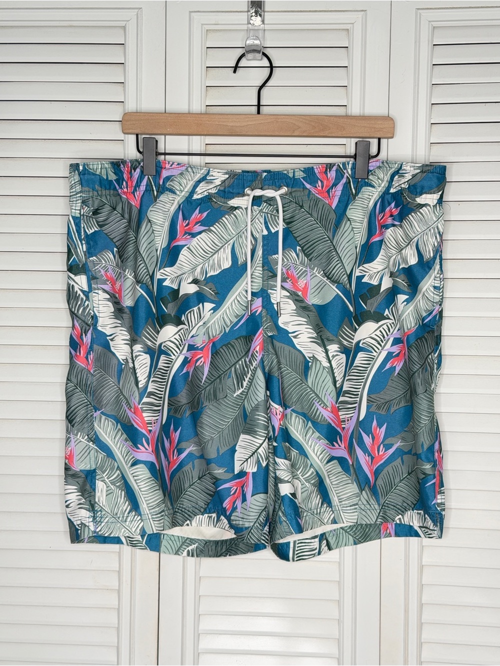 Lands End Mens Teal Tropical Leaf Swim Shorts Pink Floral M 32-34